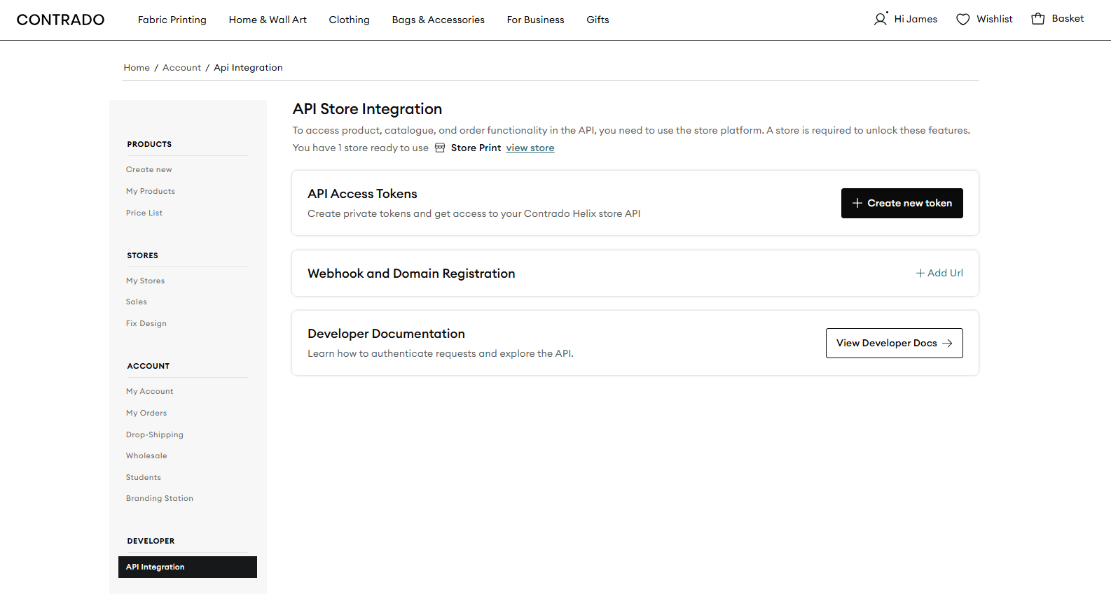 Contrado API Store Integration page