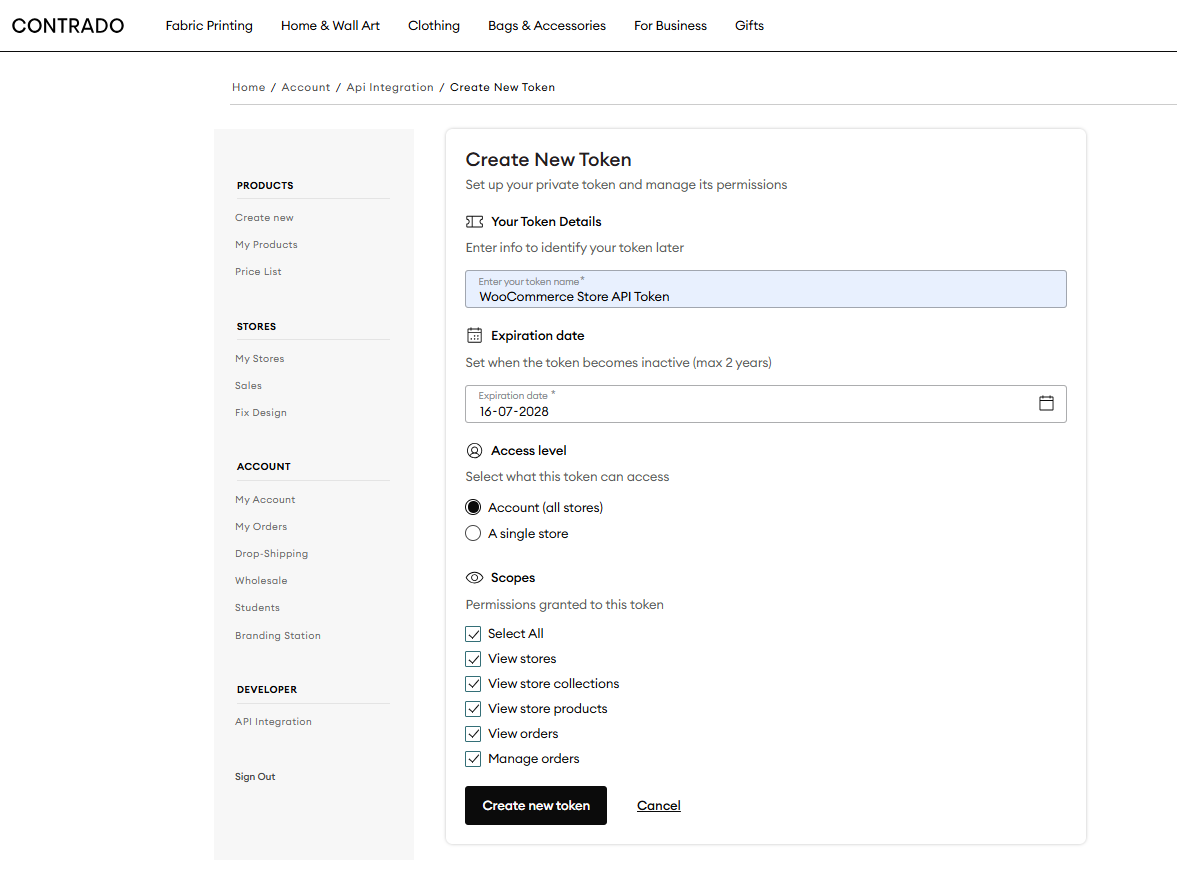 Create New Token page with all scopes selected