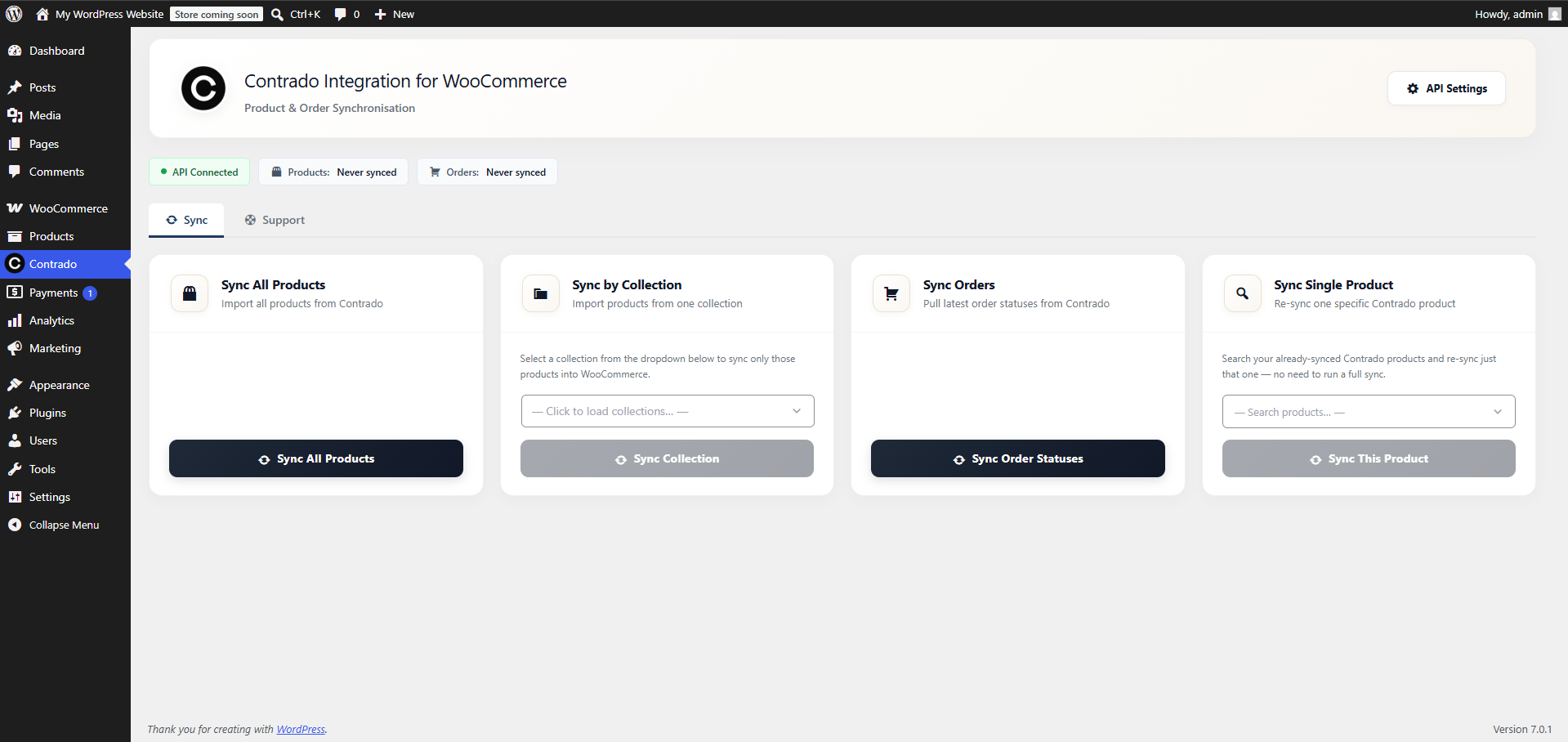Contrado Integration dashboard &mdash; API Connected