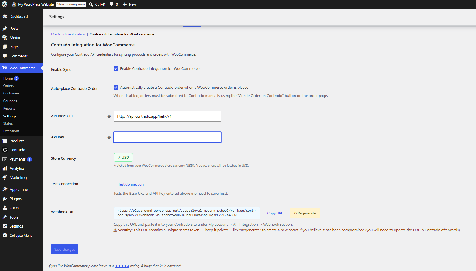 WooCommerce Settings &mdash; Contrado Integration API Key field